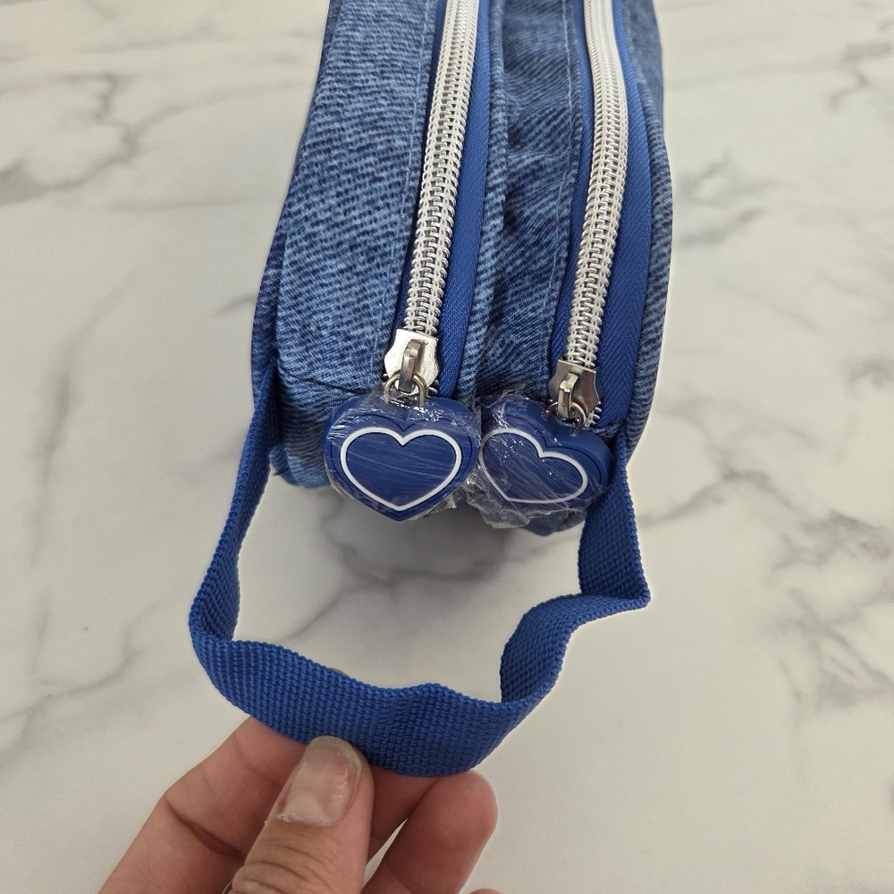 Y2K Blue Denim Cosmetic Travel Pouch Double Zipper Pencil Case Emoji Patches - Picture 8 of 14